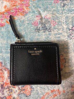 kate spade Black Leather Compact Zip Wallet with Gold Logo